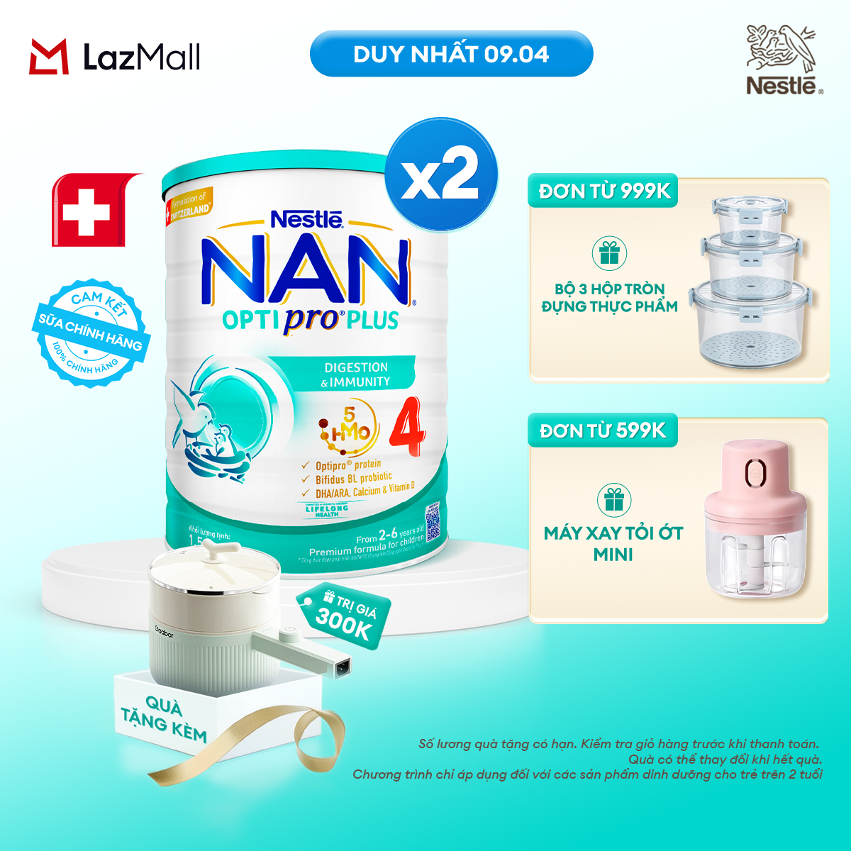 [CHỈ 23.04 QT Đơn 599K/999K] [Tặng Nồi đa năng Gaabor] Bộ 2 lon Sữa Bột Nestlé NAN OPTIPRO PLUS 4 1500g Cho Bé 2 - 6 Tuổi: Công Thức Độc Quyền Nhập Khẩu Từ Thụy Sỹ, Chứa Phức Hợp 5-HMO