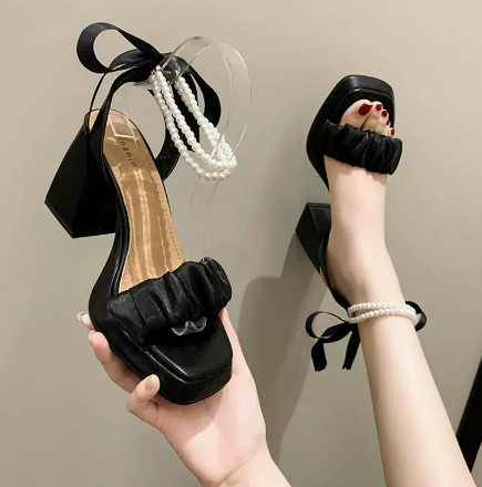Giày sandal cao gót mã MAS86 cột dây đính ngọc trai giả chống trượt thời trang