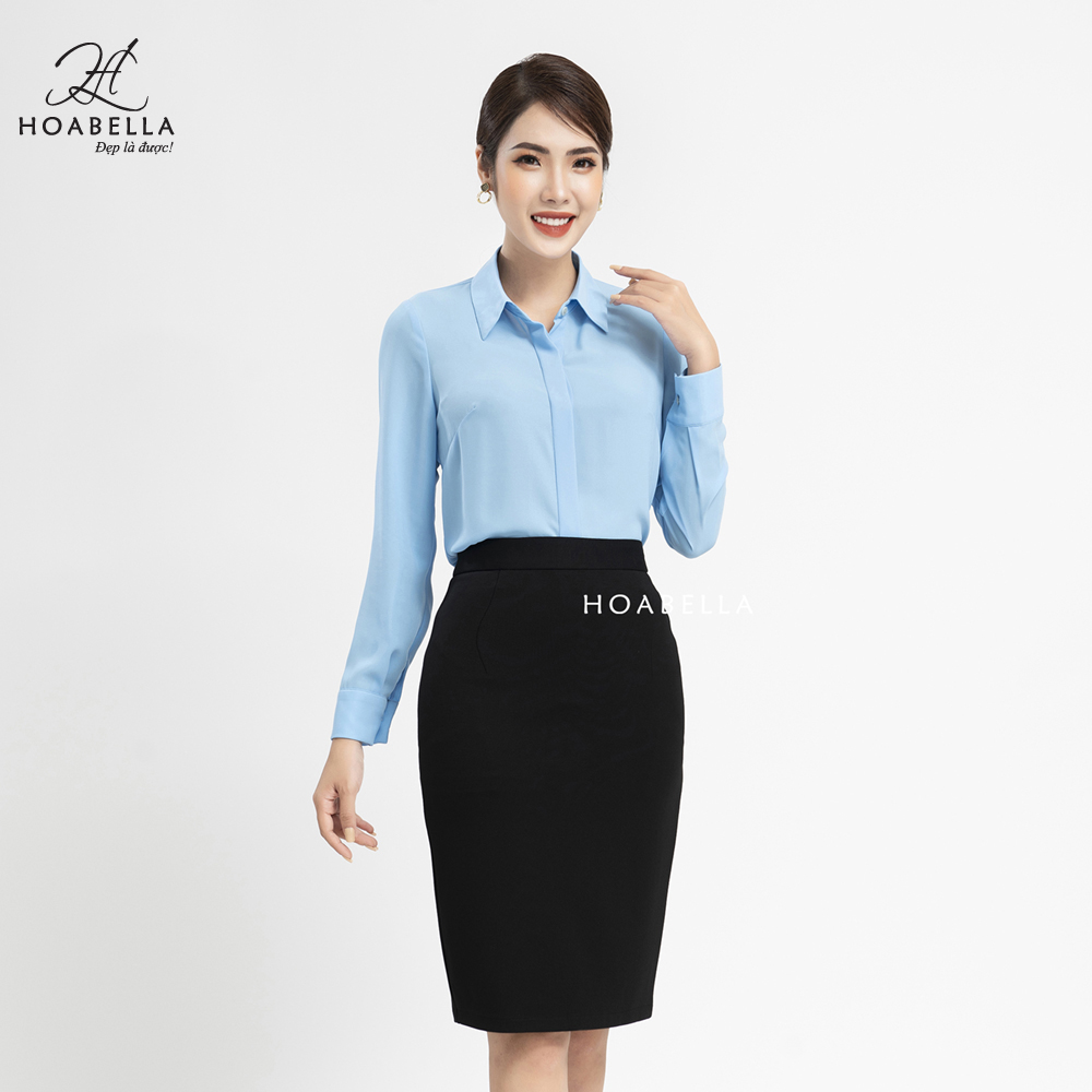 Áo kiểu nữ hoabella cổ đức, dáng ôm, dài tay, chất liệu lụa chéo