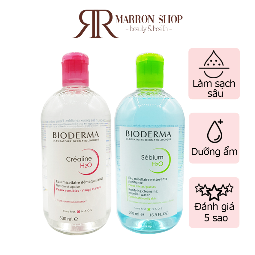 Nước tẩy trang Bioderma bản mới nhất 500ml, loại bỏ tẩy trang và tạp chất, làm sạch sâu, cân bằng độ ẩm da. Tặng ngay băng đô rửa mặt 15K - Le Marron Shop