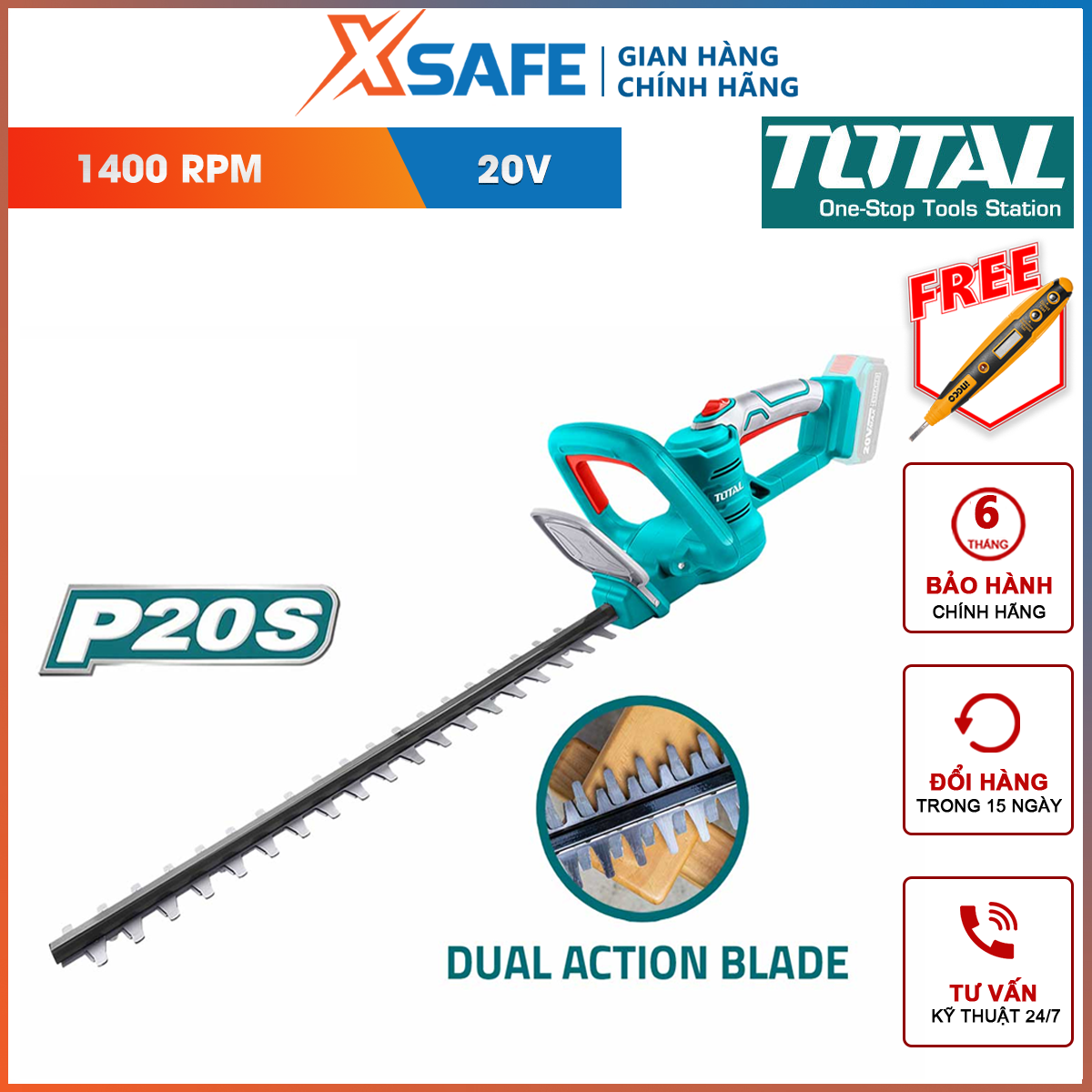 Máy cắt hàng rào dùng pin TOTAL THTLI20018 | máy cắt tỉa cành hàng rào điện thế pin 20V khả năng cắt 2 thang cắt tỉa cành cây cây cảnh, hoa lá