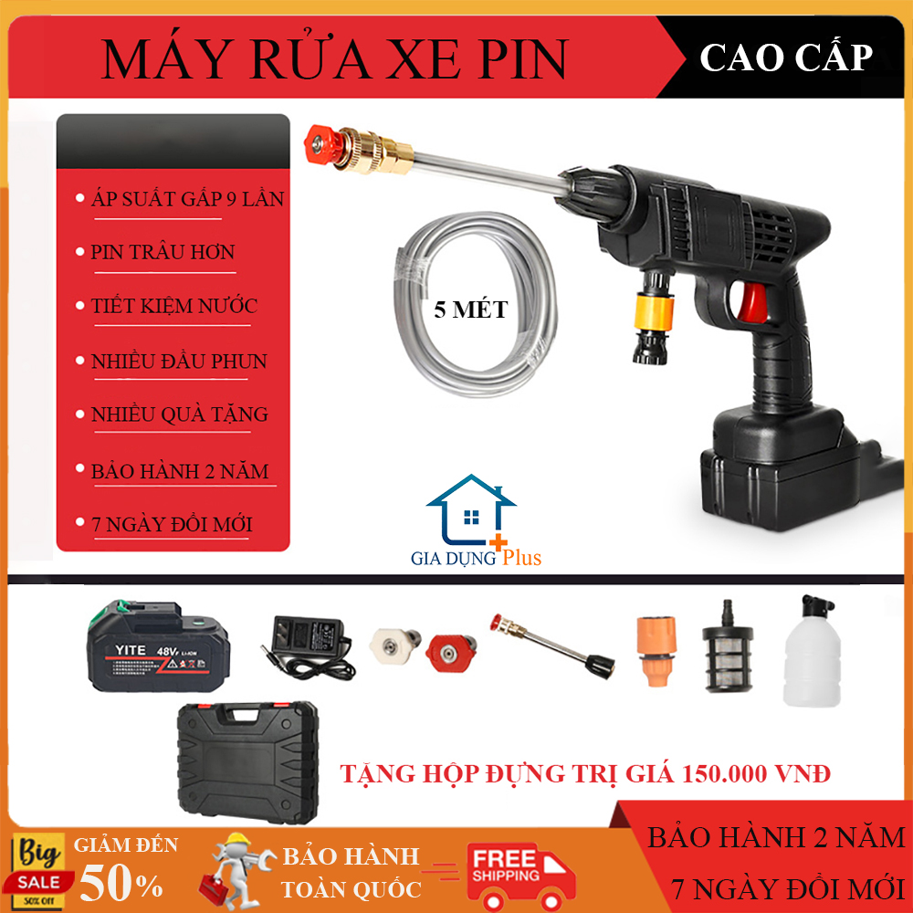 Máy xịt rửa xe mini cao áp, máy xịt rửa nhà cửa sân vườn kèm 2 đầu phun thay thế. Máy rửa xe cầm tay dùng pin cao cấp. Bảo hành 2 năm trên toàn quốc và đổi mới trong 7 ngày đầu nếu có lỗi của nhà sản xuất.