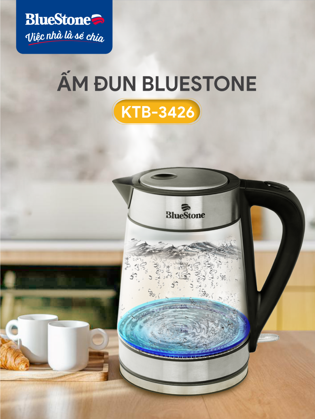 Ấm Đun Nước Siêu Tốc Thủy Tinh BlueStone KTB-3426 (1,7 lít) - Công suất 1800W-2150W - Bộ điều khiển strix cao cấp của Anh - Bảo hành 2 năm - Hàng Chính Hãng