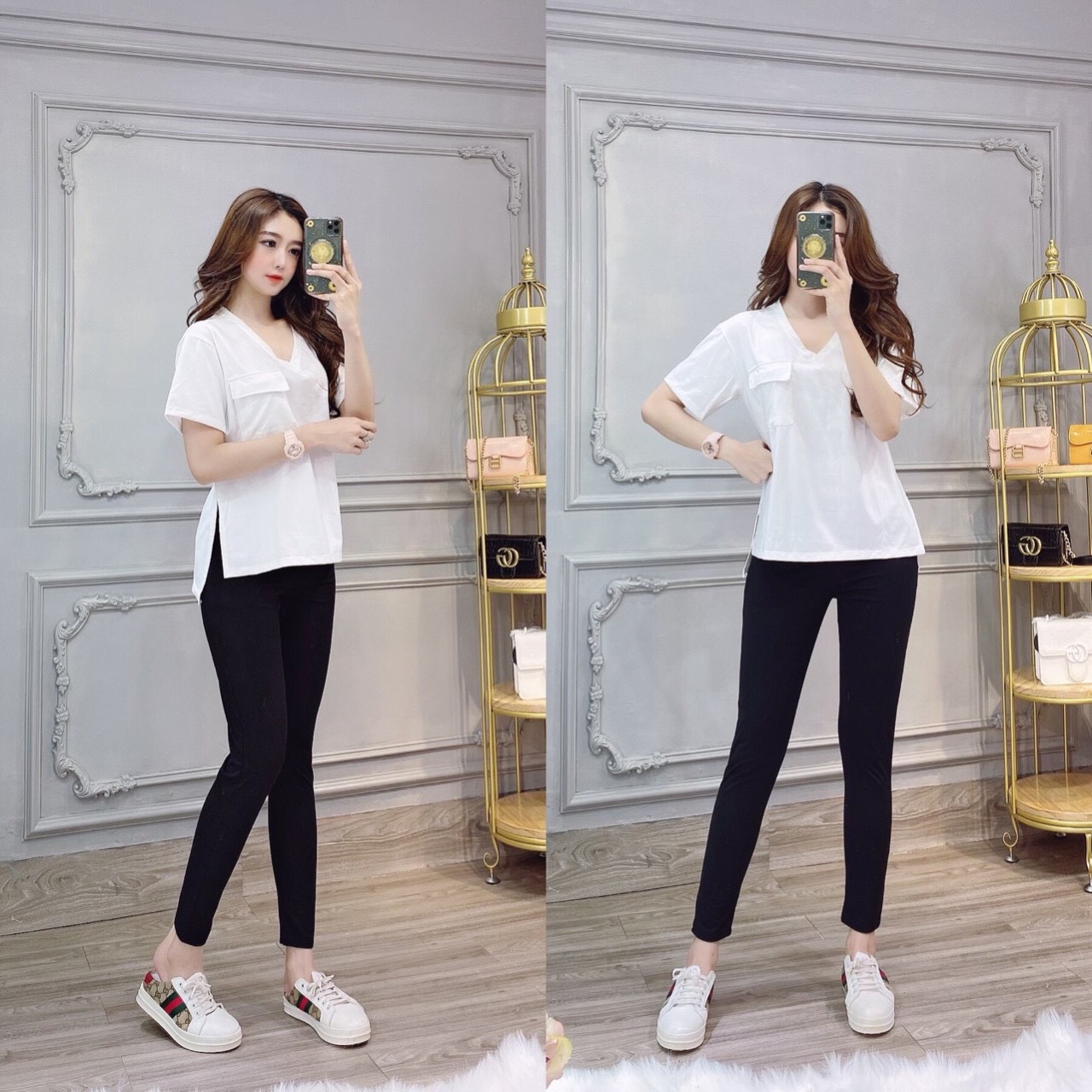 [HCM]Đồ bộ dài thun cotton cổ tim phối túi cực xinh