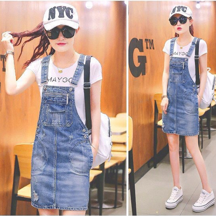 Yếm jean nữ wash cào phối túi duyên dáng mẫu mới 2021- 3976
