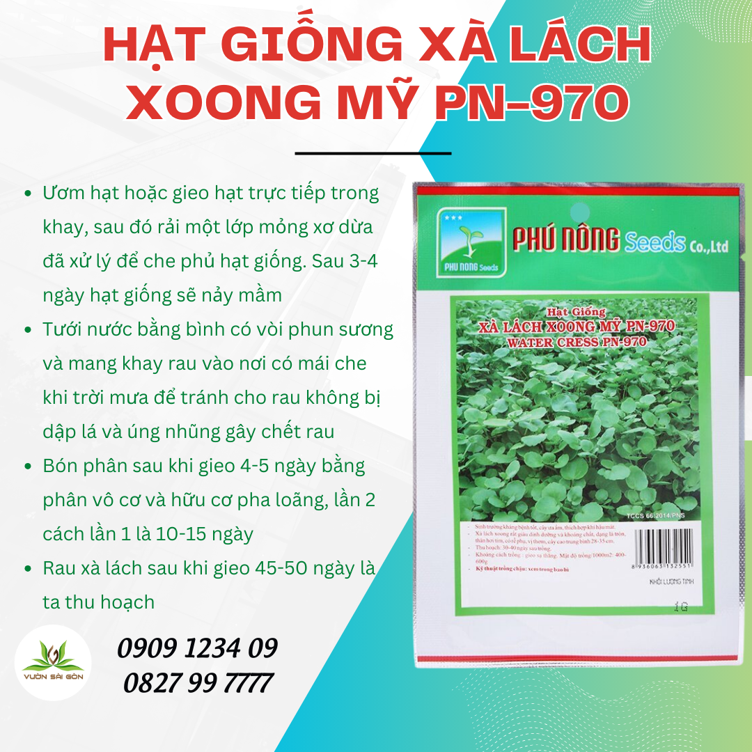 Hạt Giống Xà Lách Xoong Mỹ Phú Nông,  hạt giống chắc khỏe, tỉ lệ nẩy mầm cao (Vườn Sài Gòn)