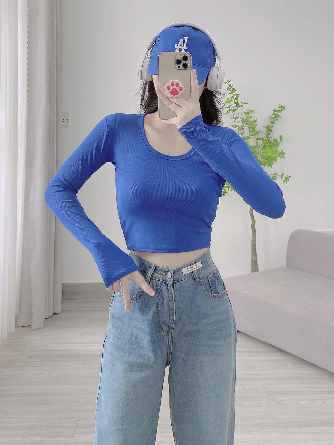 Áo Thun Nữ, Áo Kiểu Nữ Cổ Chữ U, Tay Dài, Vải Gân THÁI Co Giãn Tốt, Ôm Body Mẫu mới mềm mịn mát, phối đồ siêu xinh, đi cafe, đi chơi đều xinh