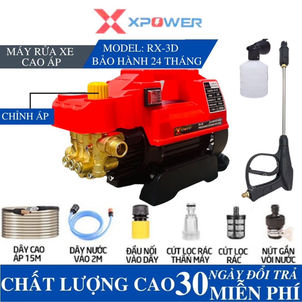 Máy rửa xe áp lực cao Xpower 3D - Áp lực cao - Có chỉnh áp - Máy xịt rửa xe gia đình tặng kèm bình tạo bọt tuyết