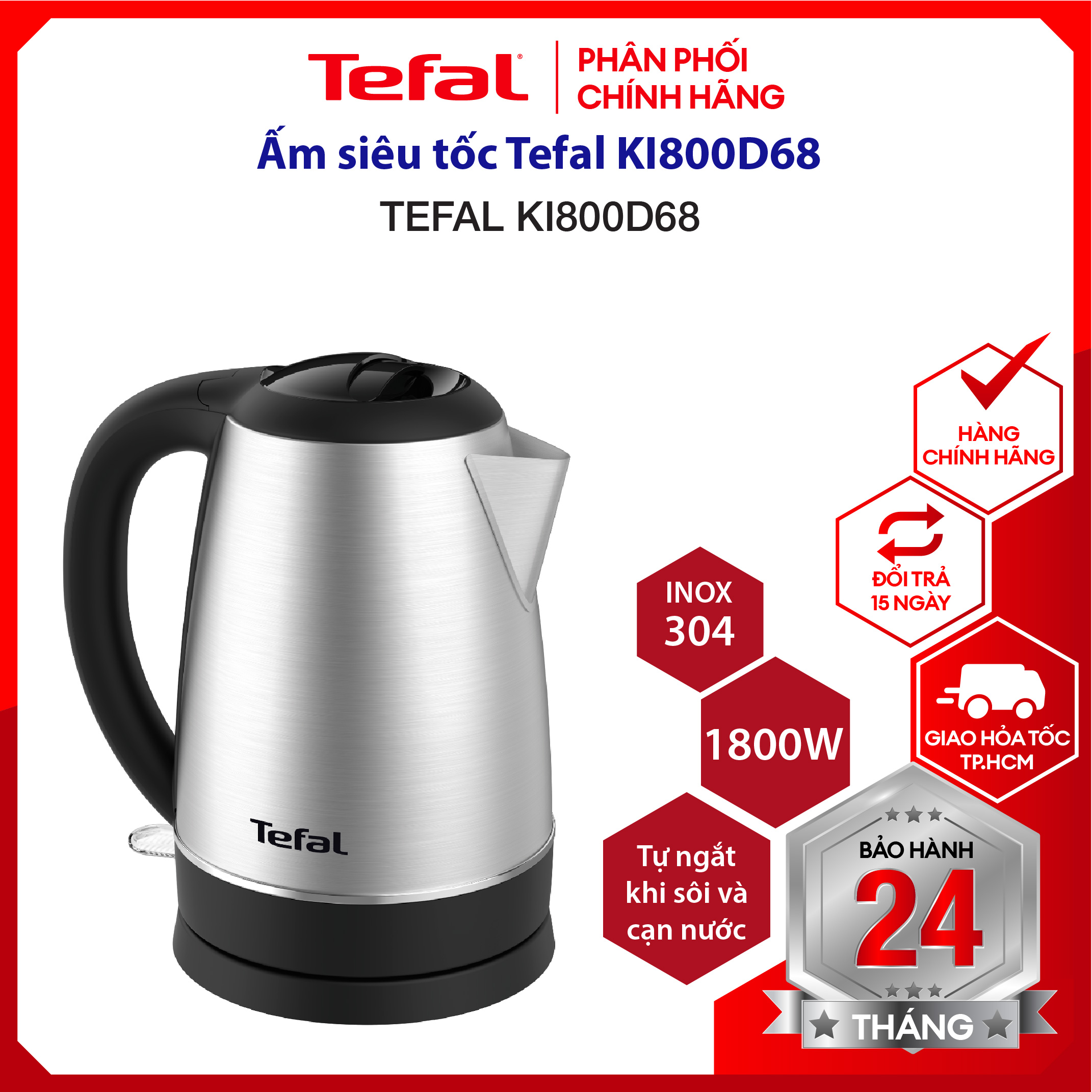 |hỏa tốc 2h| ấm đun nước siêu tốc, bình siêu tốc tefal ki800d68 -1.7l - công suất 1800w - bảo hành 2 năm