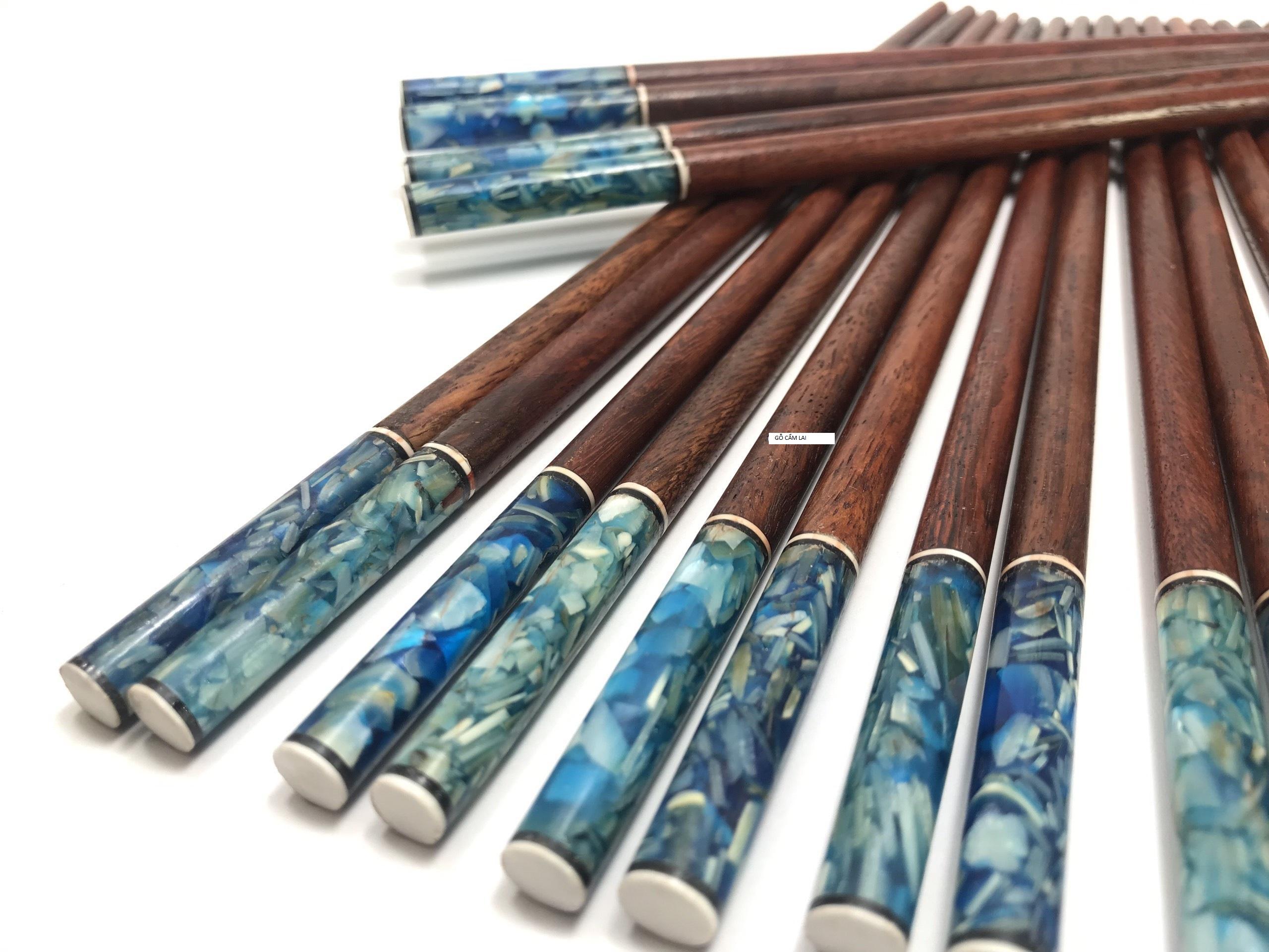 Bộ 10 đôi đũa ăn gỗ CẨM LAI tự nhiên đầu tròn khảm trai cao cấp