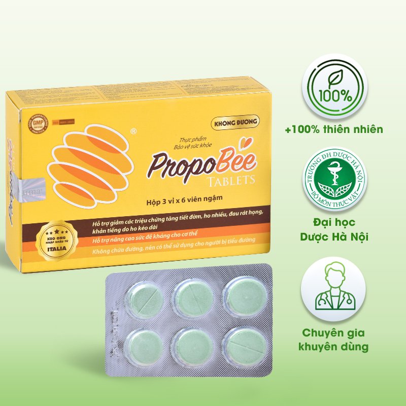 Viên ngậm keo ong PropoBee - Kháng viêm tự nhiên, giảm ho, viêm, ngứa rát cổ họng - Hộp 3 vỉ x 6 viên