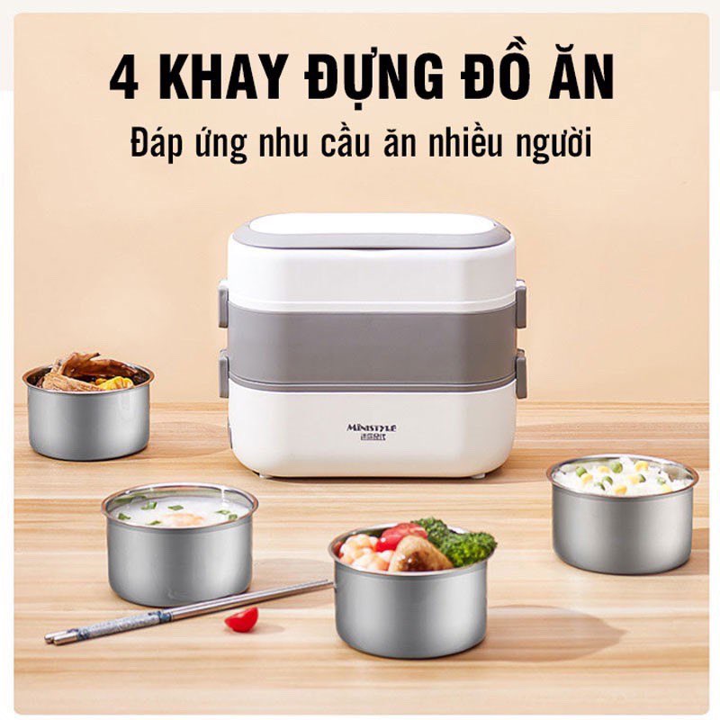 Hộp cơm cắm điện 2 tầng 4 ngăn inox giữ nhiệt hâm nóng và tự nấu chín thức ăn, cà men đựng cơm đi làm mẫu mới