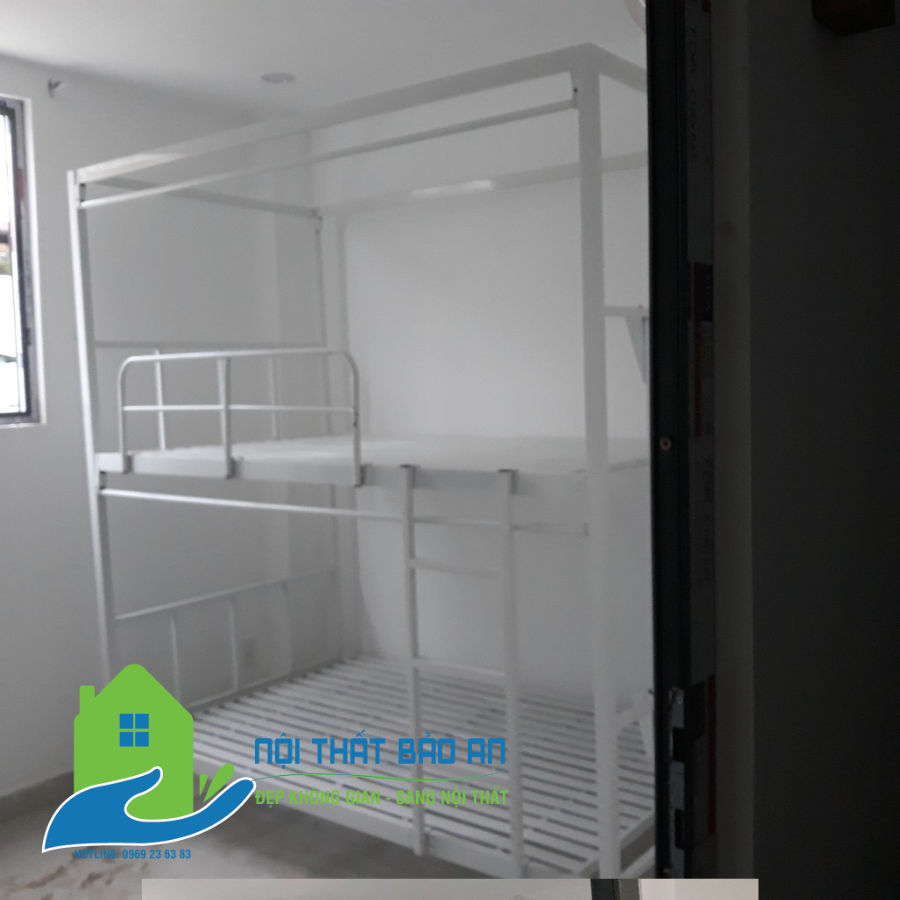 Giường sắt hai tầng có khung rèm cao mẫu đẹp cho sinh viên, phòng trọ, ký túc xá - Nội Thất Bảo An