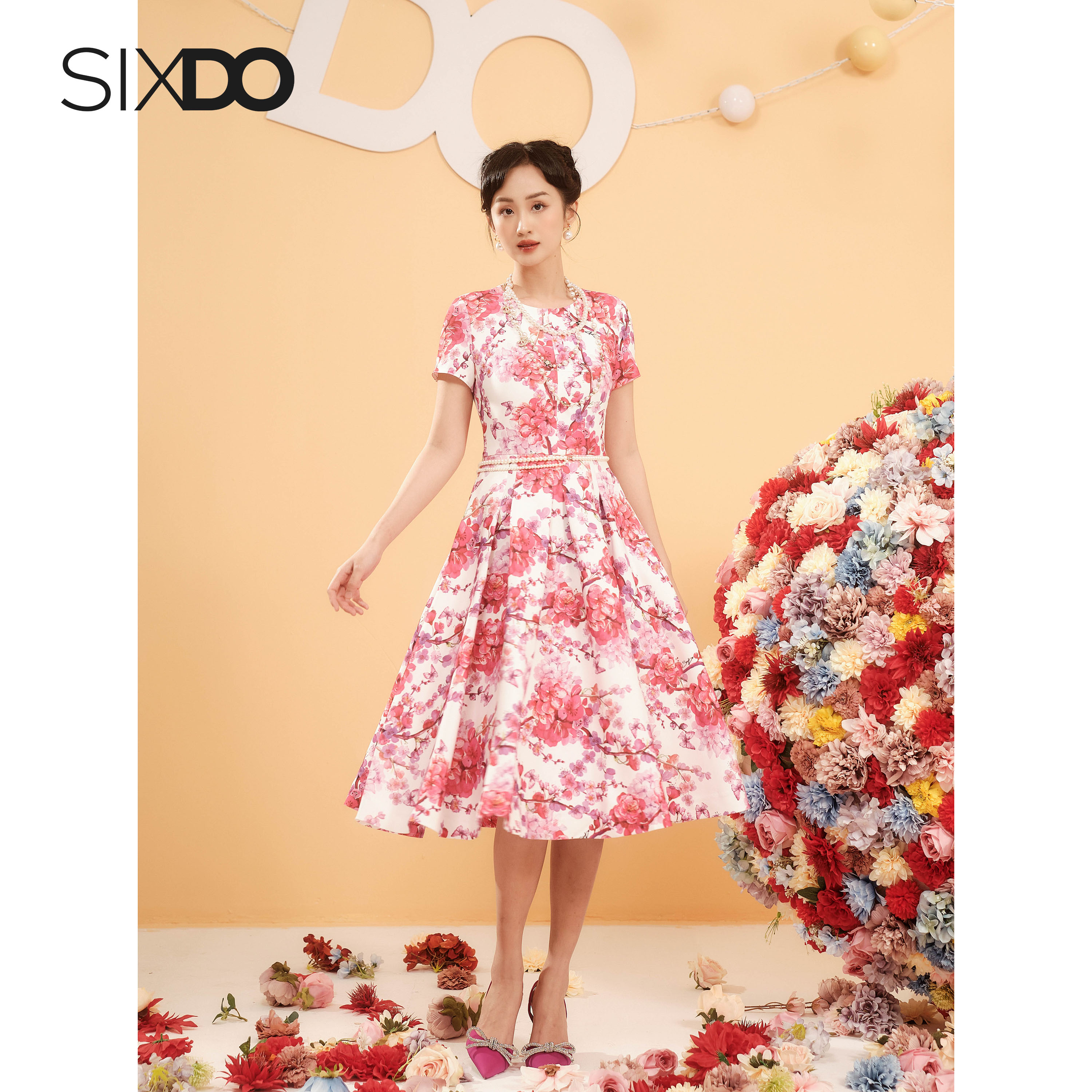 Đầm hoa đào ngắn tay dáng xòe SIXDO
