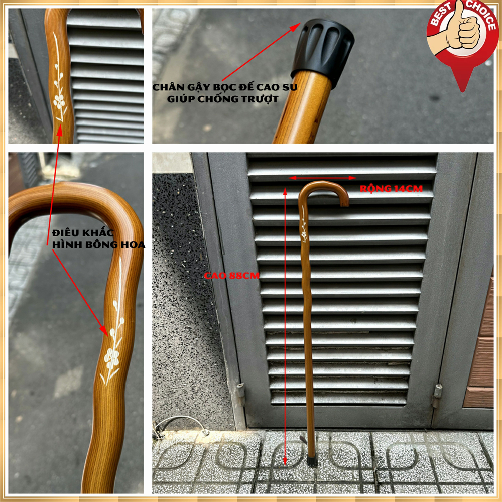 Gậy Gỗ Batoong Chống Cho Người Già - Gậy gỗ chống cho người lớn tuổi hỗ trợ đi lại - Cao 88cm - Gỗ khắc hoa văn