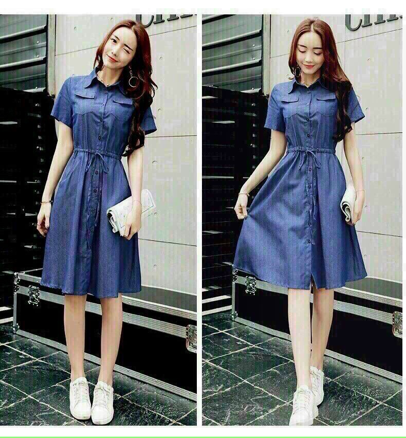 Mẫu mới đầm jean sơ mi hàn quốc xòe dây rút