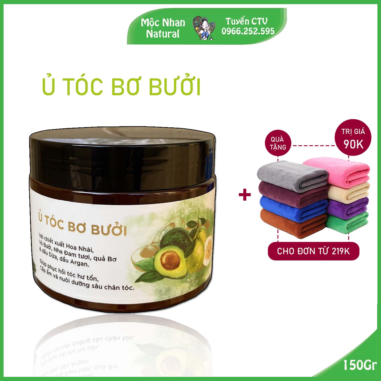 Ủ tóc bơ bưởi Mộc Nhan Natural, phục hồi hư tổn, cấp ẩm và nuôi dưỡng sâu chân tóc