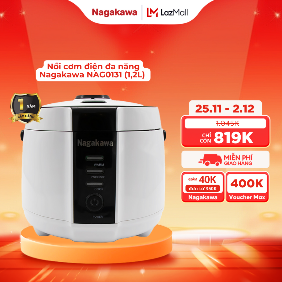 Nag0131 rice cooker has a capacity of 1.2l, multi-layer non-stick inner pot, safe for health, 3-way warming technology