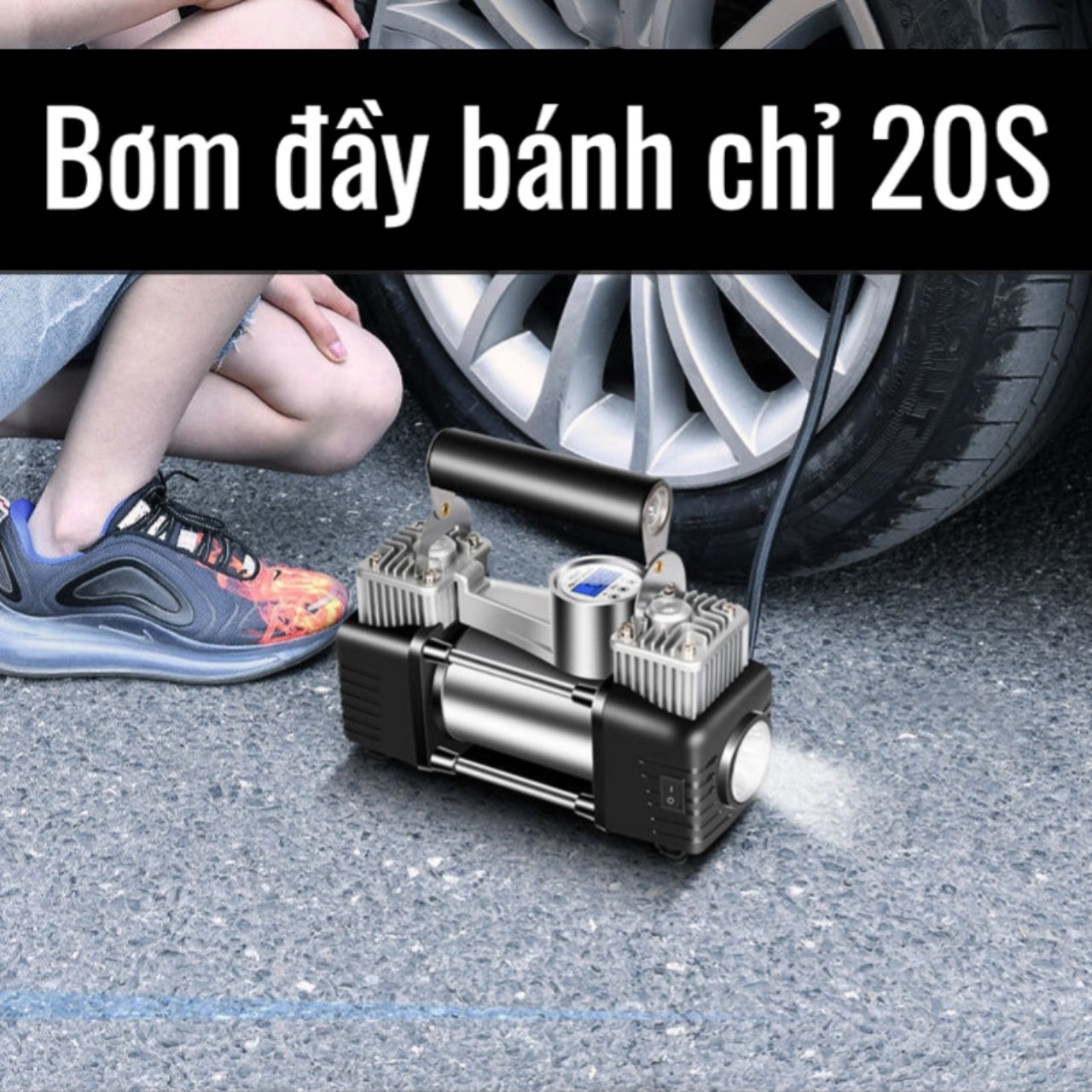 Bơm Ô Tô 2 Xi Lanh 80 - HELLOLEIBOO , Bơm Lốp Ô Tô Hai XyLanh Có Mặt Đồng Hồ Điện Tử Và Đèn Chiếu Sáng - Bơm 2 Xilanh