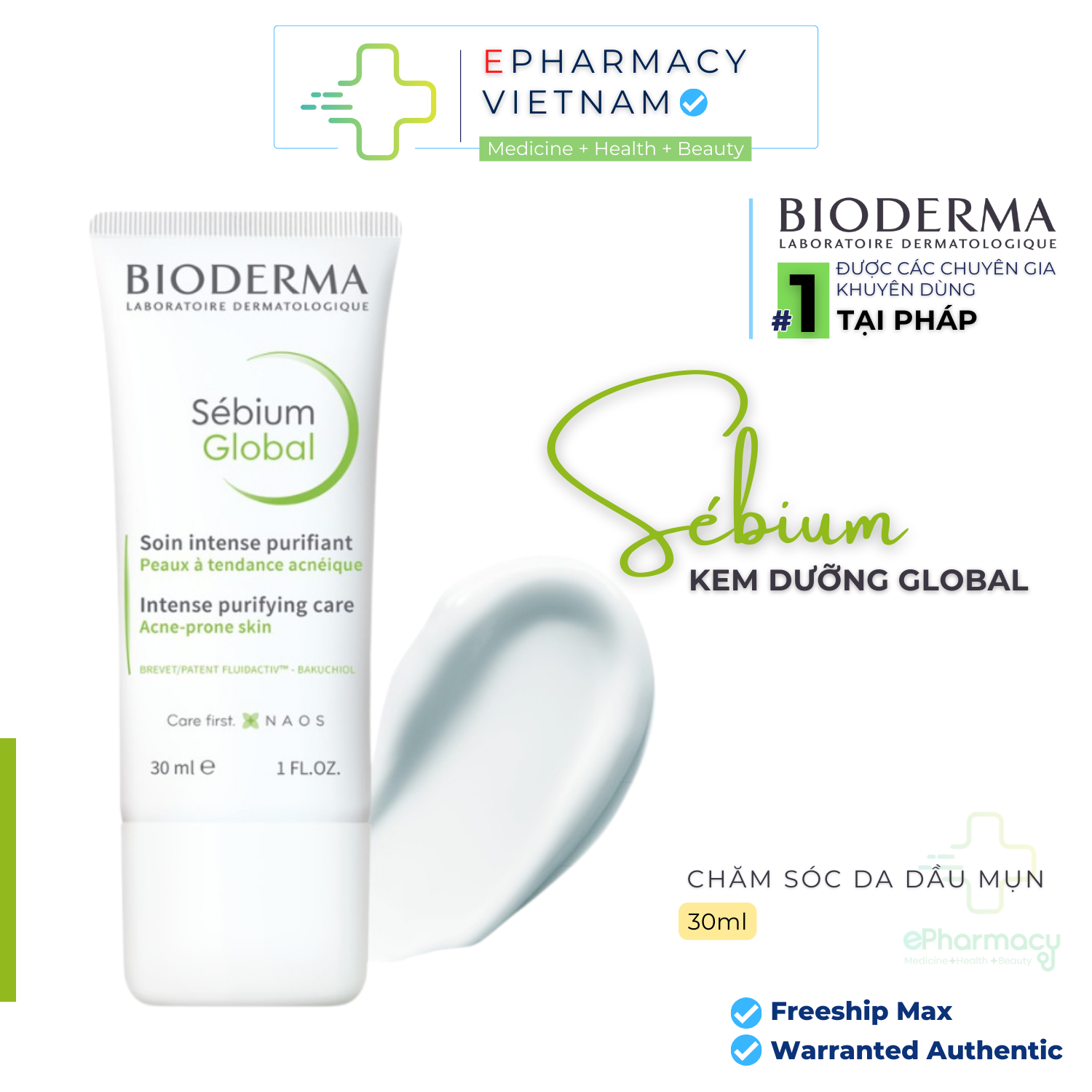 Kem Dưỡng Bioderma Sébium Global Acne Prone Skin giảm và ngăn ngừa mụn cho da dầu mụn 30ml