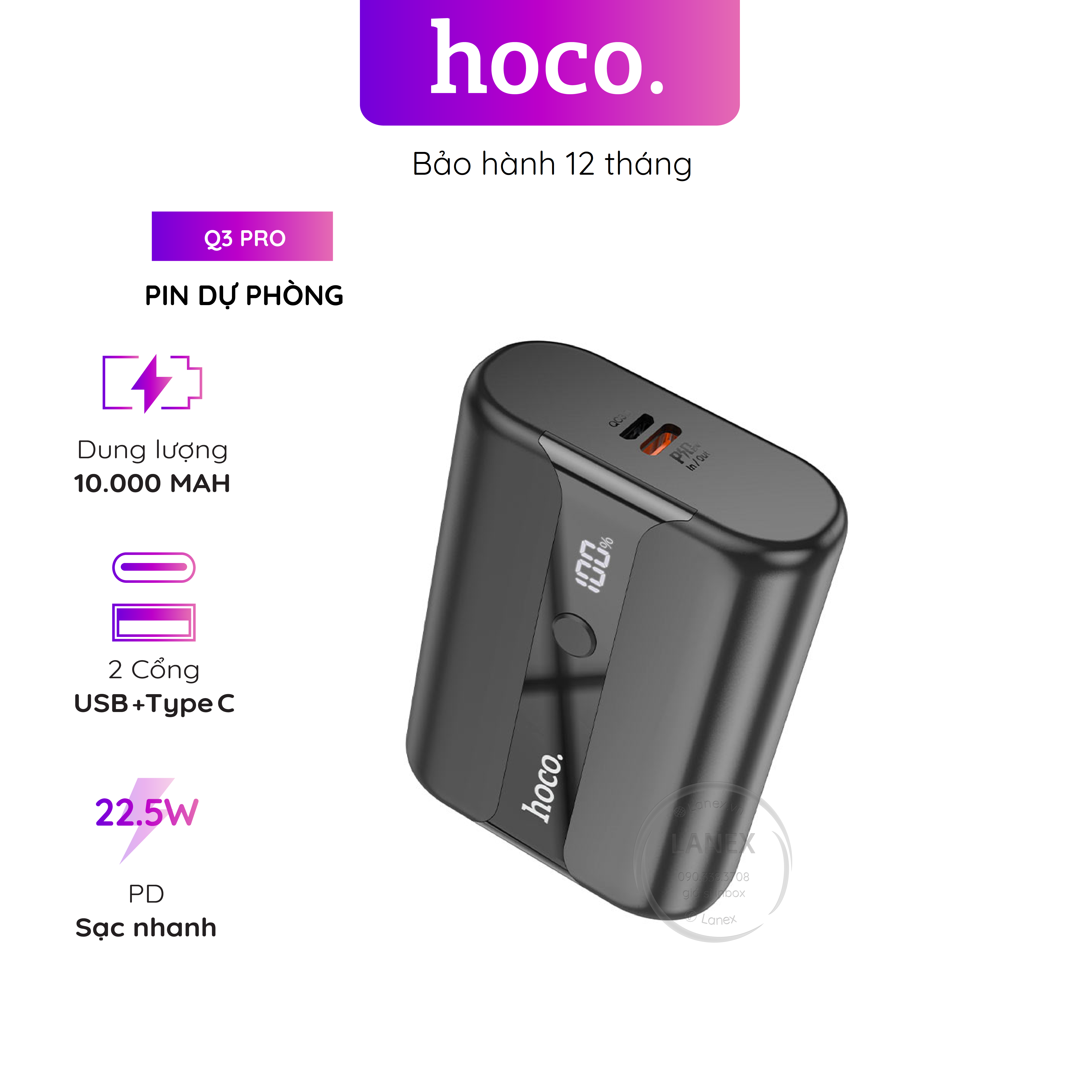 Pin dự phòng hoco q3 pro polymer 1 cổng usb 1 cổng type c pd qc3.0 22.5w 10000mah màn hình led