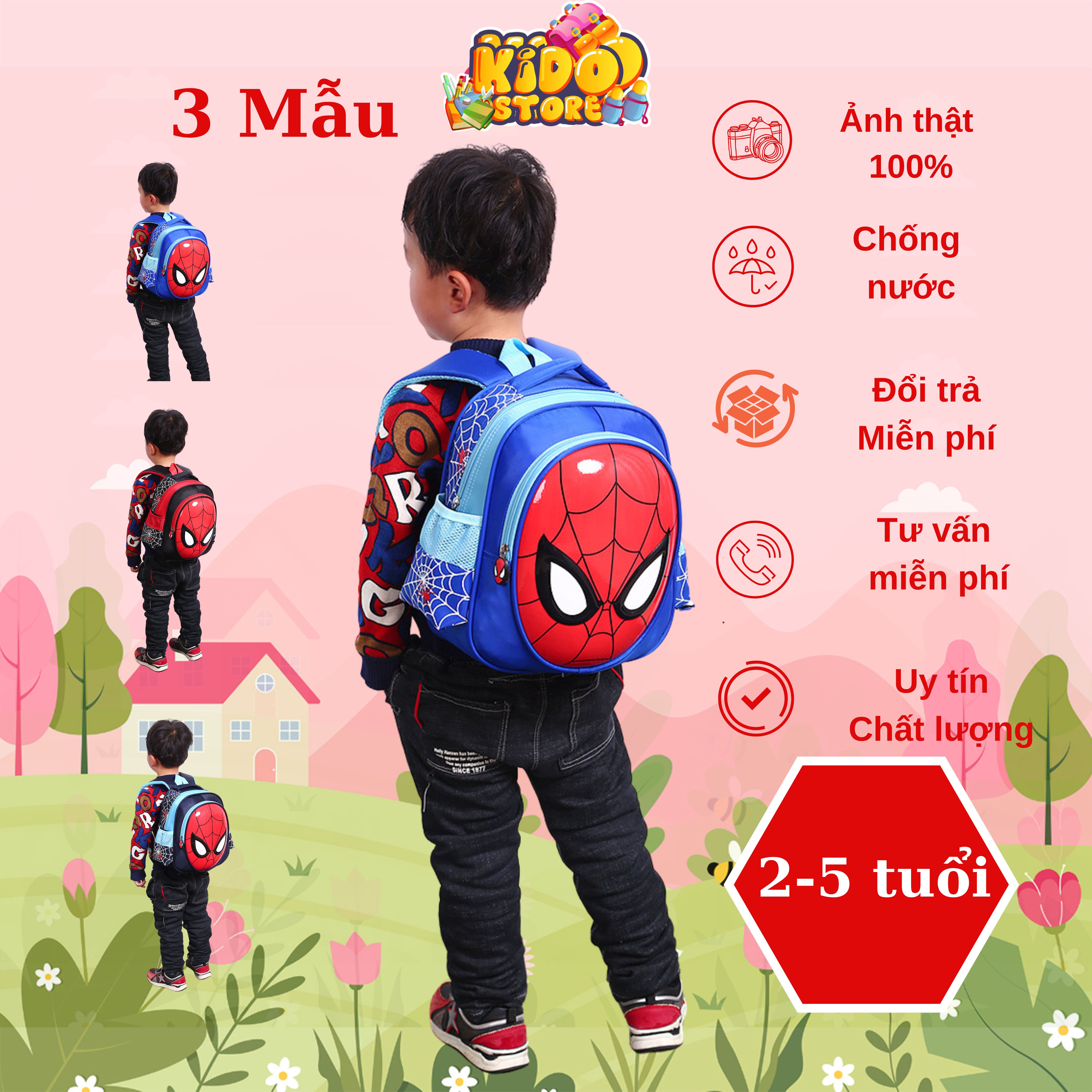 Balo cho bé Balo đi học cho bé trai mầm non mẫu giáo hình người nhện siêu nhân chống thấm nước siêu nhẹ KDB03