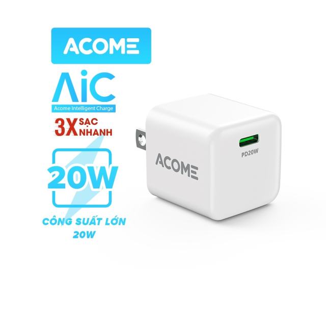 Củ Sạc Nhanh ACOME AC06U PD20W Cổng Type C Tương Thích Dòng iPhone 12 Pro 13 Max 11 Mini 8 Plus