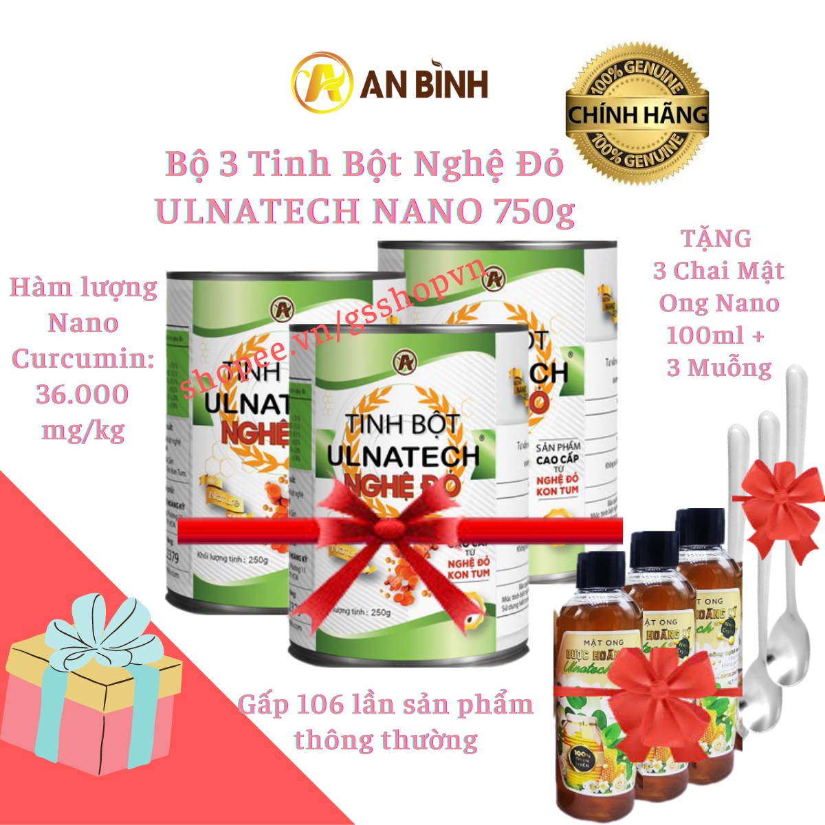 Combo 3 hộp tinh bột nghệ đỏ ulnatech nano 750g an bình, curcumin siêu cao, tặng 3 chai mật ong, tặng 3 muỗng