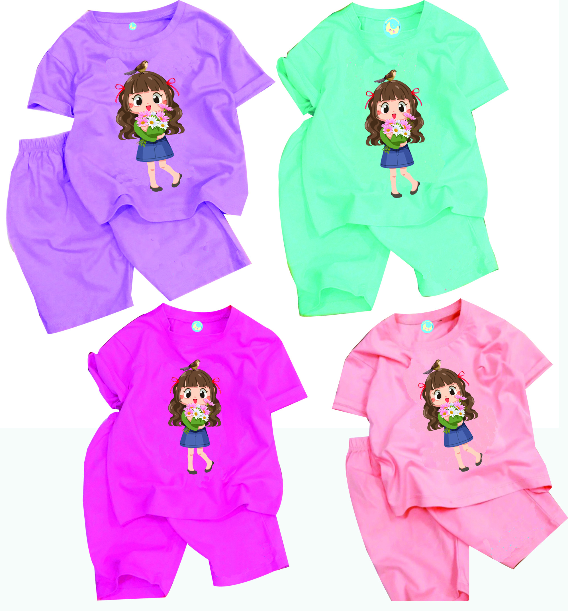 Combo 3 bộ đồ bé gái - quần lửng in hình cô gái hoa chất vải co giãn 4 chiều cho bé từ 8kg đến 25kg