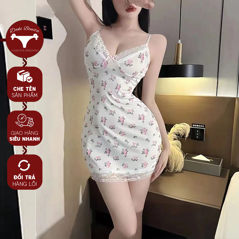 Bộ váy ngủ thun 2 dây sexy DK96 thiết kế họa tiết hoa nhẹ nhàng ôm body phối ren gợi cảm