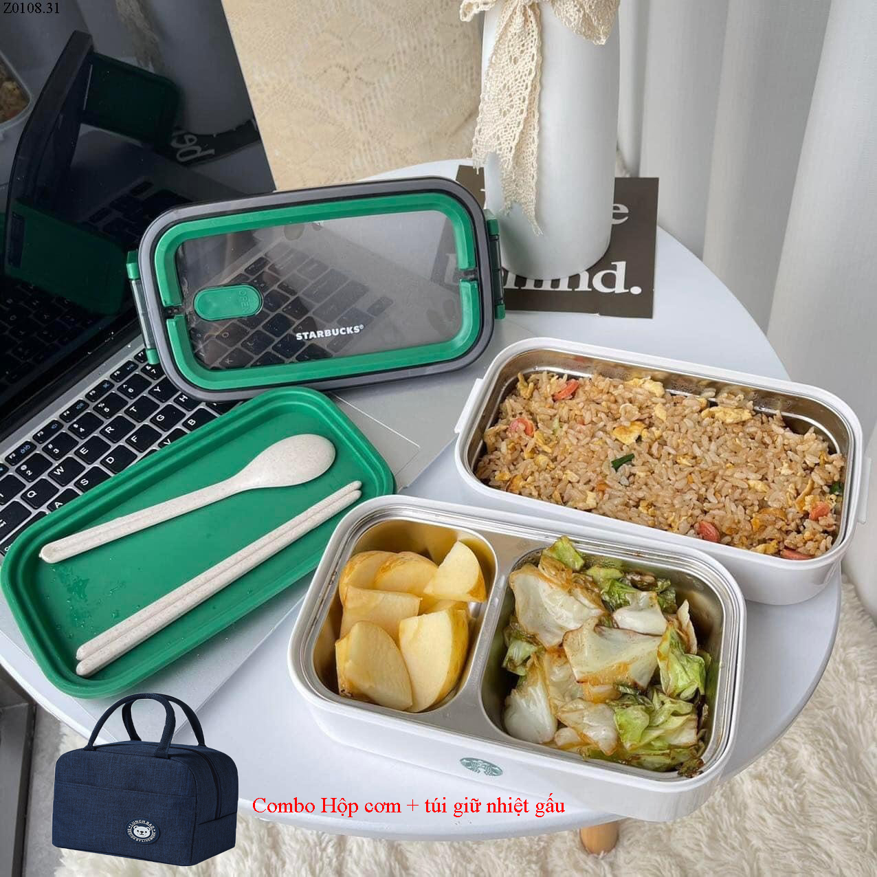 Hộp cơm Giữ Nhiệt Starbuck 2 tầng ruột inox 304 - Kèm Túi giữ nhiệt hình gấu