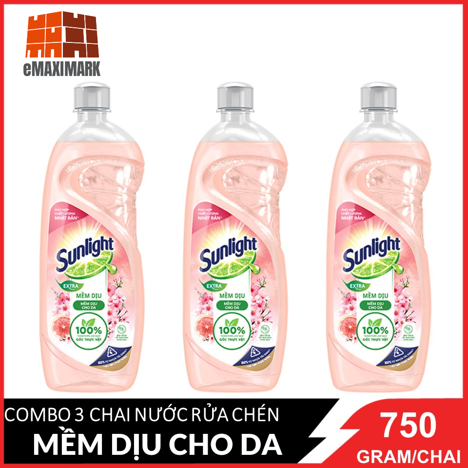 [HCM ship 2h] COMBO 3 Chai Nước rửa ch&eacuten Sunlight Mềm Dịu Hương Bưởi T&acircy &amp Hoa Anh Đ&agraveo chai 750gx3