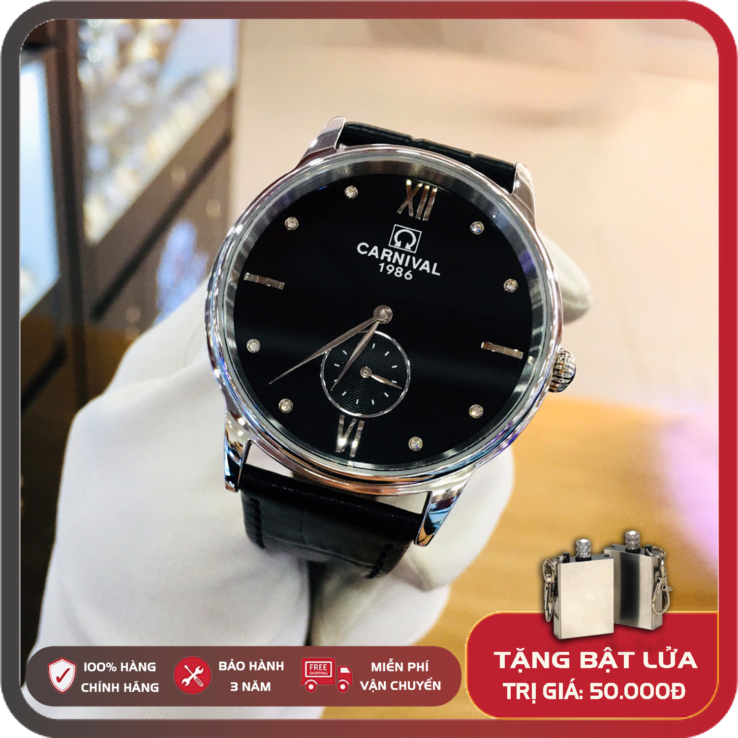 Đồng hồ nam Carnival 8708G Full Box, Thẻ bảo hành 3 năm, Kính saphire Chống xước, Chống nước, Dây da cao cấp