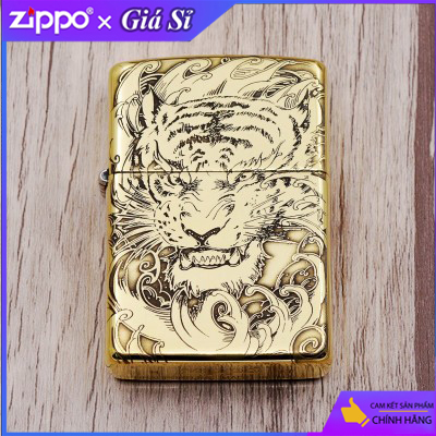 Bật lửa Zippo khắc mặt hổ và móng vuốt bản tiêu chuẩn màu vàng đồng