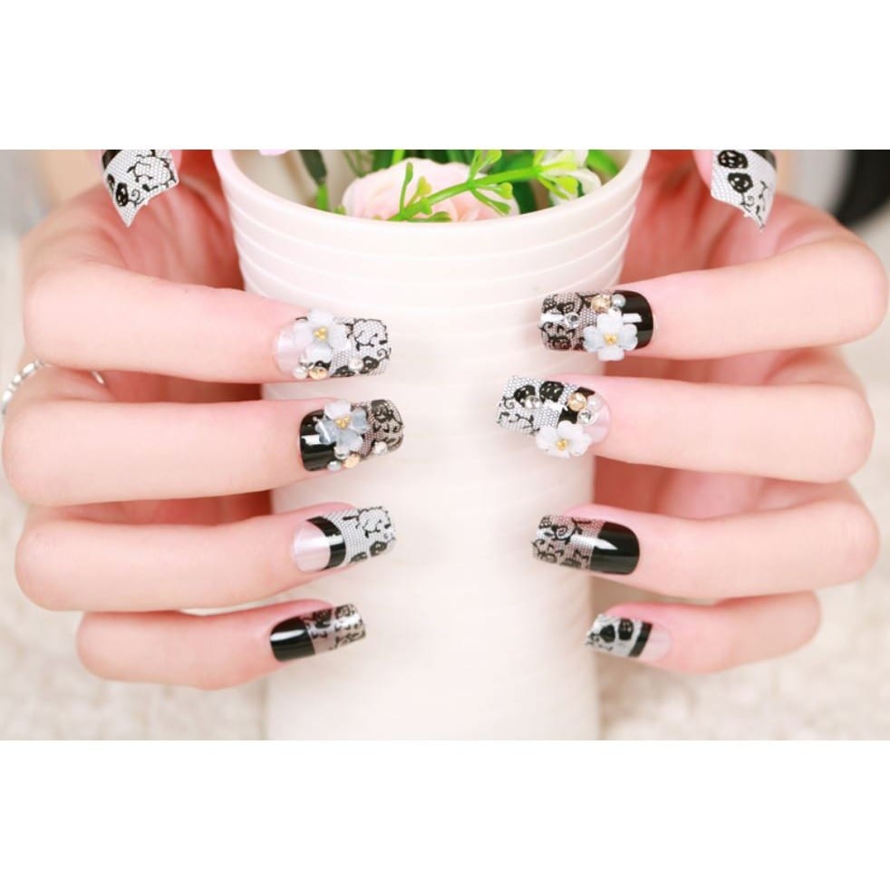 Bộ 24 Móng Tay Giả Ren Đen Đính Đá Hoa (tặng dũa+keo dán sẵn)