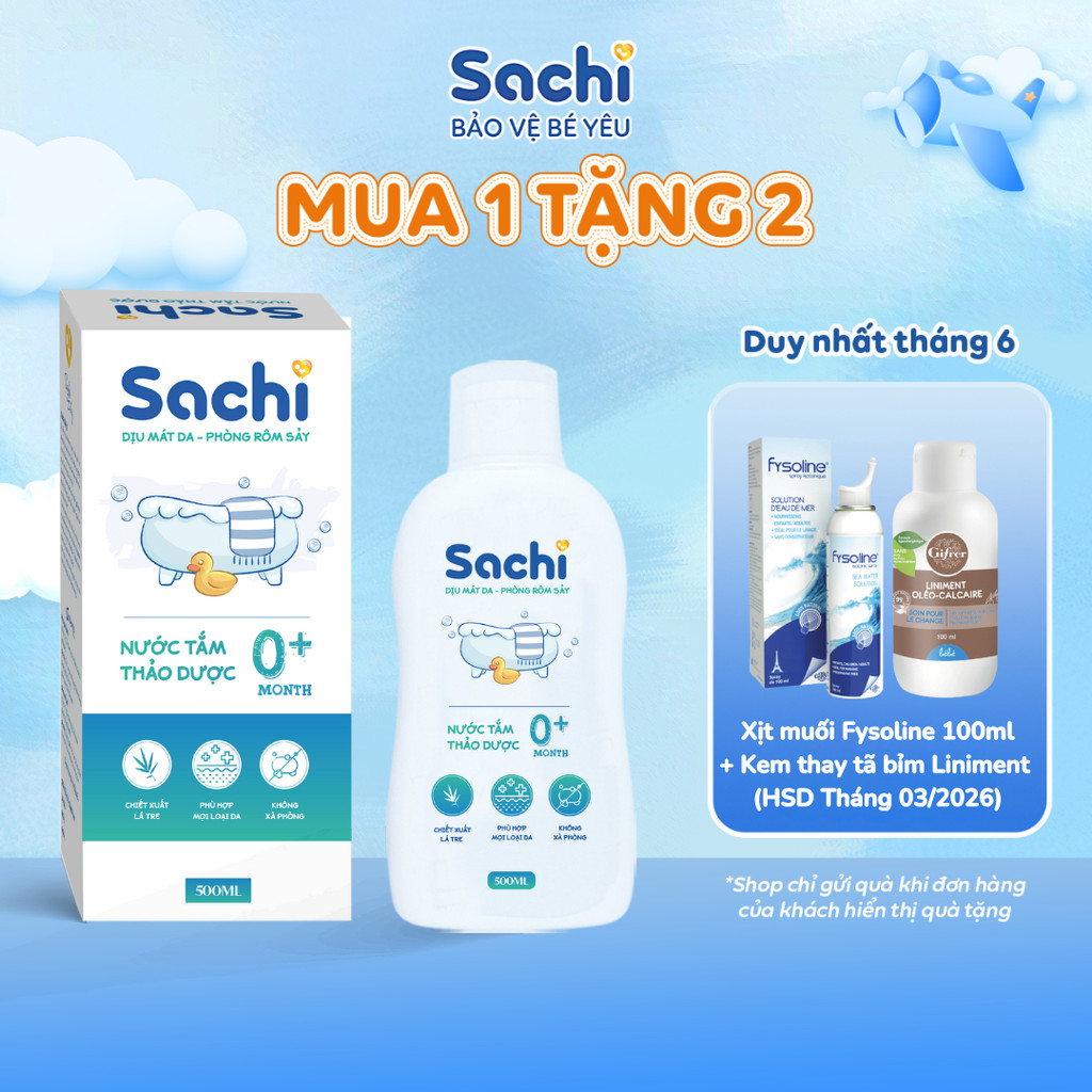 Nước tắm thảo dược an toàn cho bé Sachi chai 500ml làm sạch nhẹ nhàng diu mát da, hạn chế mảng bám da đầu