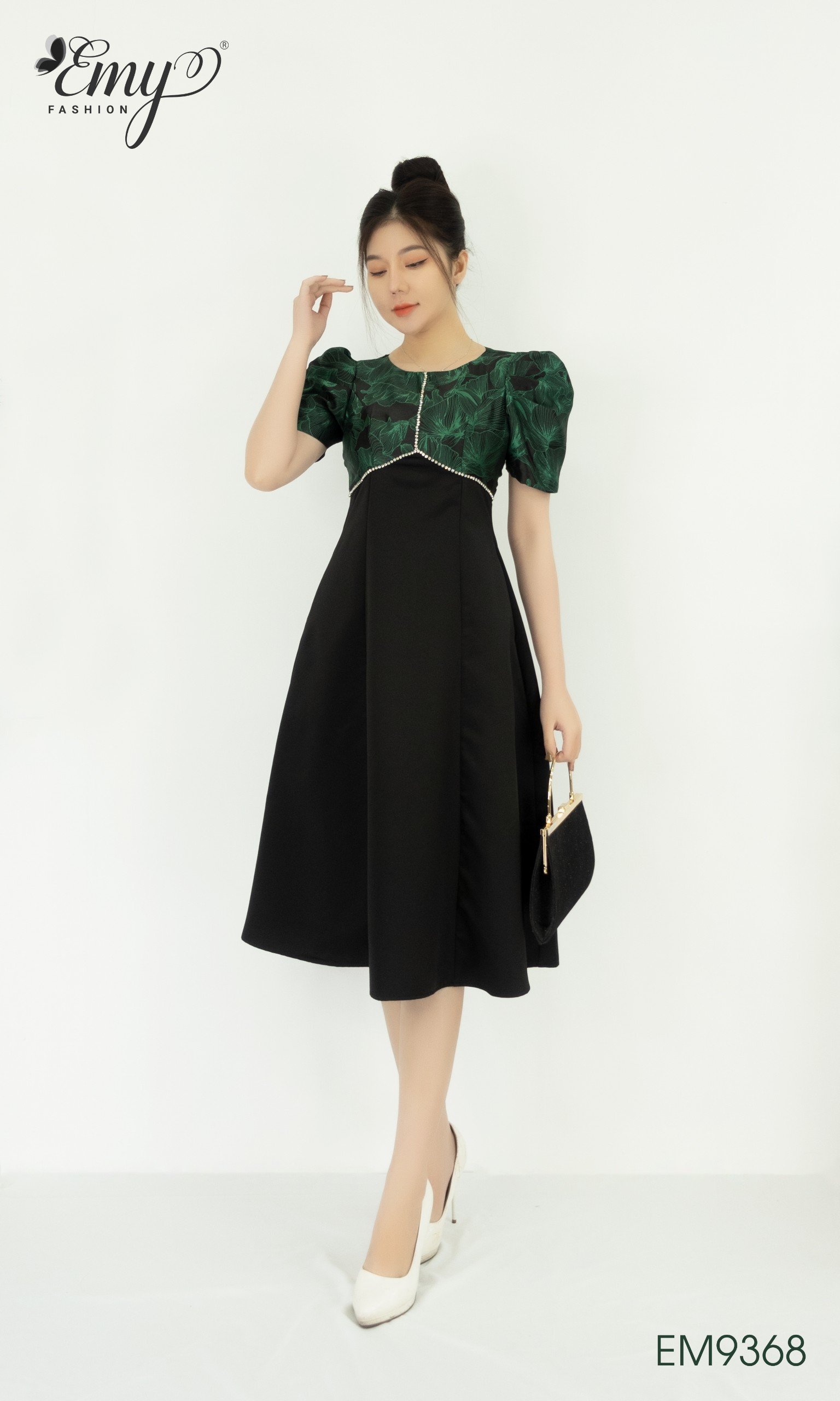Đầm emy em9368 xoè gấm xanh phối
