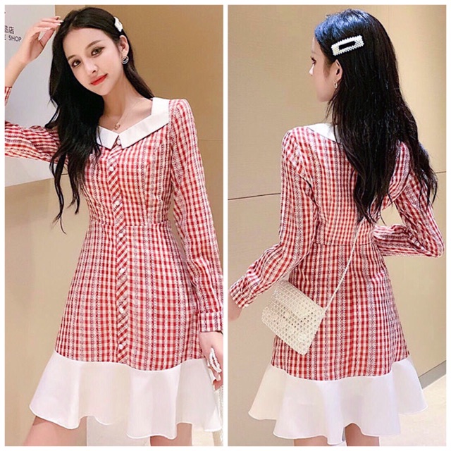 Đầm caro đỏ phối trắng