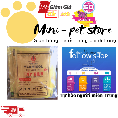 SỔ, TẨY GIUN SÁN ĐƯỜNG PHỔI VÀ ĐƯỜNG RUỘT CHÓ MÈO, HEO, BÒ, GÀ, VỊT, NGAN 2G (1 BÌ 20 GÓI)