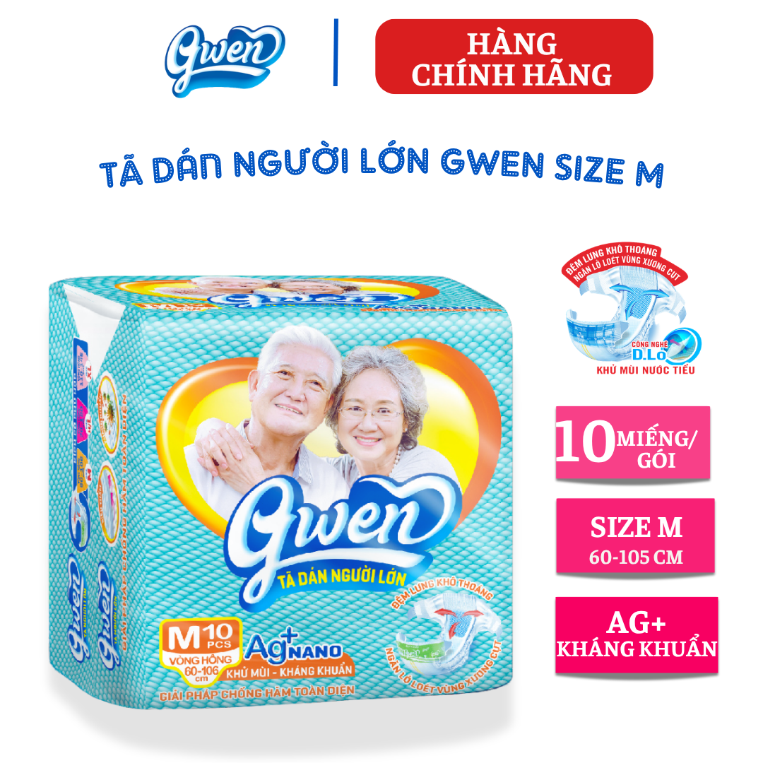 {Hàng chính hãng} Tã dán người lớn Gwen size M 10 miếng Bỉm người già bỉm/người bệnh, tã giấy chính hãng, siêu thấm, khô thoáng, chống hăm, khử mùi