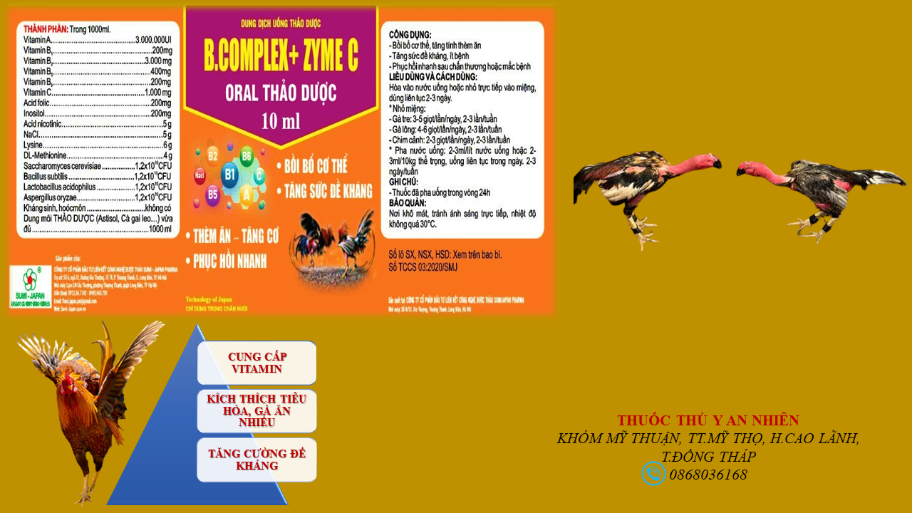 3 lọ 10ml b. complex + zyme c oral thảo dược cung cấp vitamin, thảo dược cho heo, gà, vịt, ngan, cút