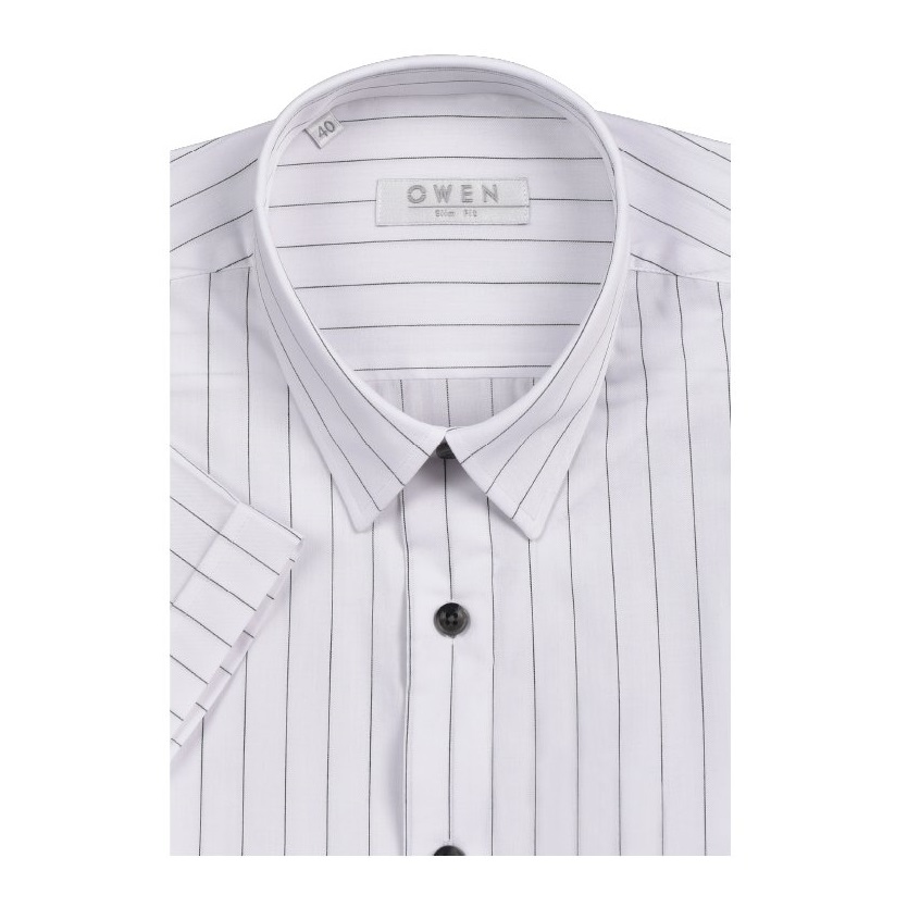 Áo sơ mi cộc tay Owen AS22569N Kiểu dáng Slim Fit - vải sợi tre - Màu trắng kẻ sọc đen