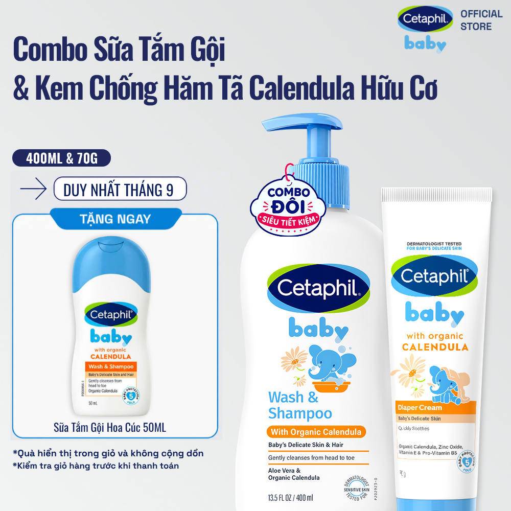 Combo Sữa tắm gội 400ML và Kem chống hăm tã 70G dịu lành cho bé với Calendula hoa cúc hữu cơ