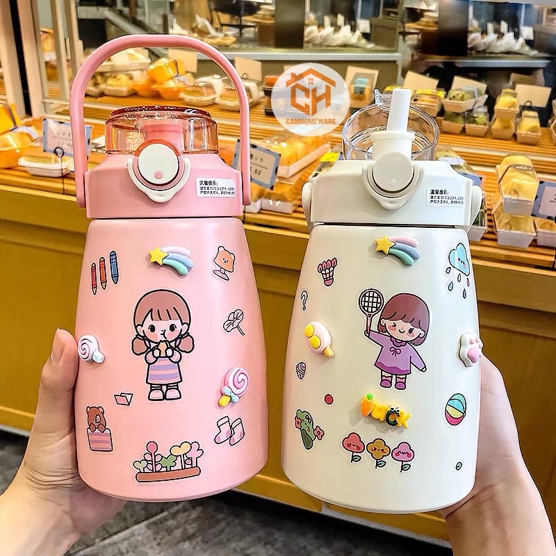 Bình nước giữ nhiệt cute có sticker và ống hút - Bình giữ nhiệt cute 800ml