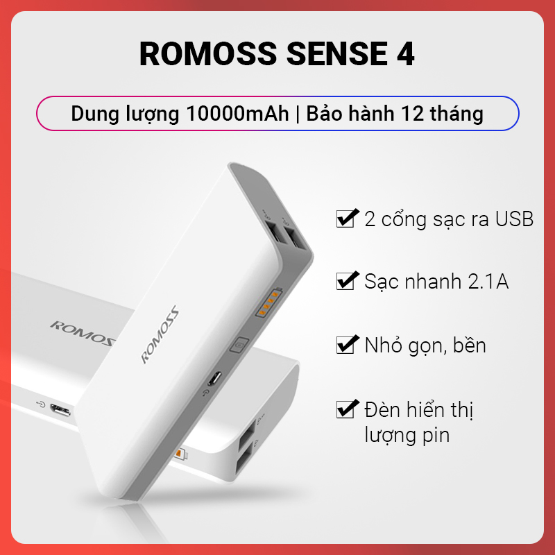 Pin sạc dự phòng Romoss Sense 4 dung lượng 10000mAh nhiều lớp bảo vệ mạch điện sạc nhanh thông minh 2.1A 1 cổng sạc vào Micro 2 cổng sạc ra USB trọng lượng nhẹ