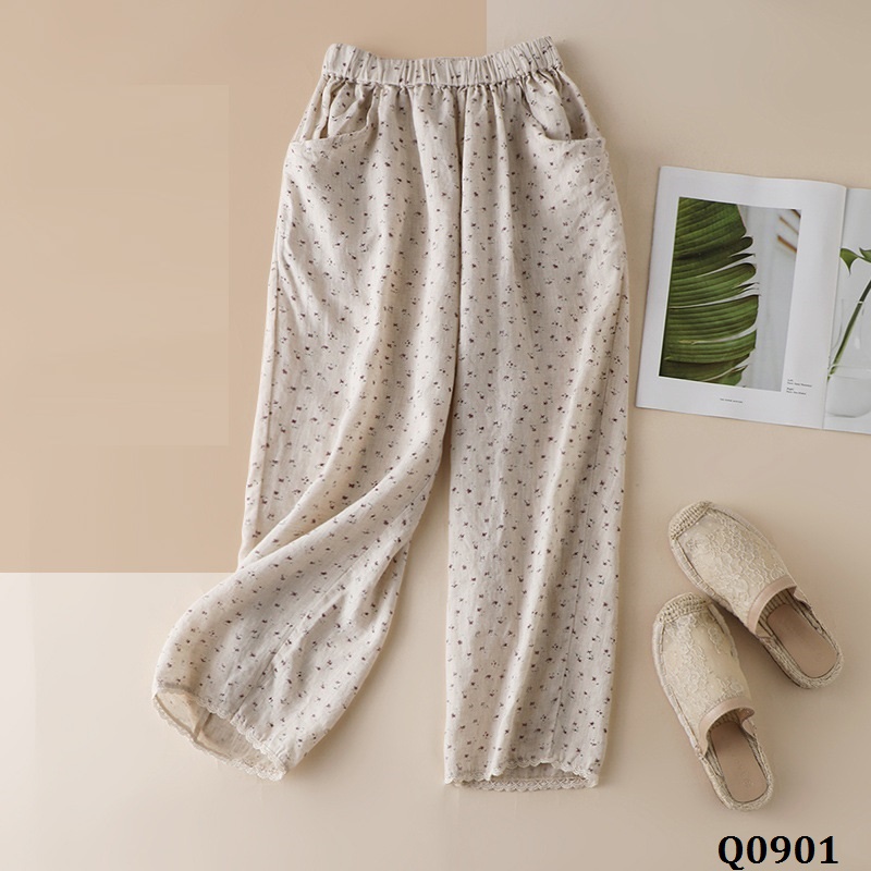 Q0901-quần linen điểm xuyết ren gấu