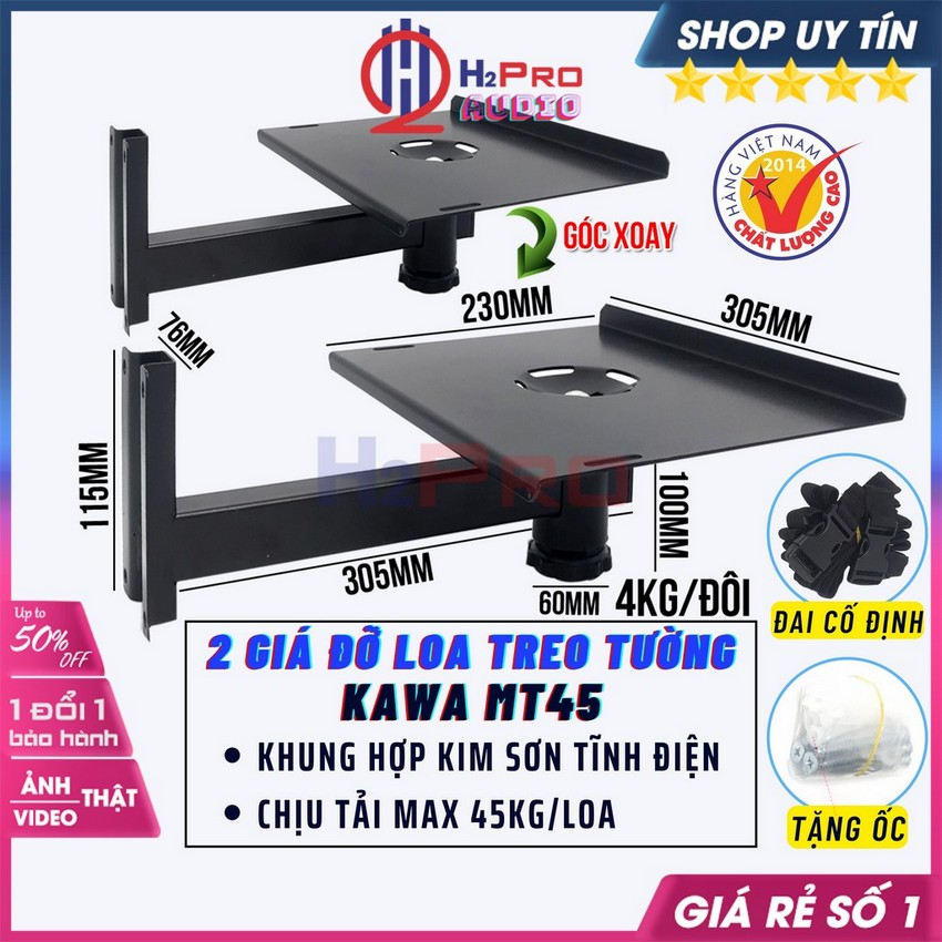 2 Giá Đỡ Loa Treo Tường Kawa MT45 Tải 45Kg, Xoay 230 Độ-Gật Gù 15 Độ, Giá Để Loa Treo Tường Đa Năng Cao Cấp-H2Pro Audio