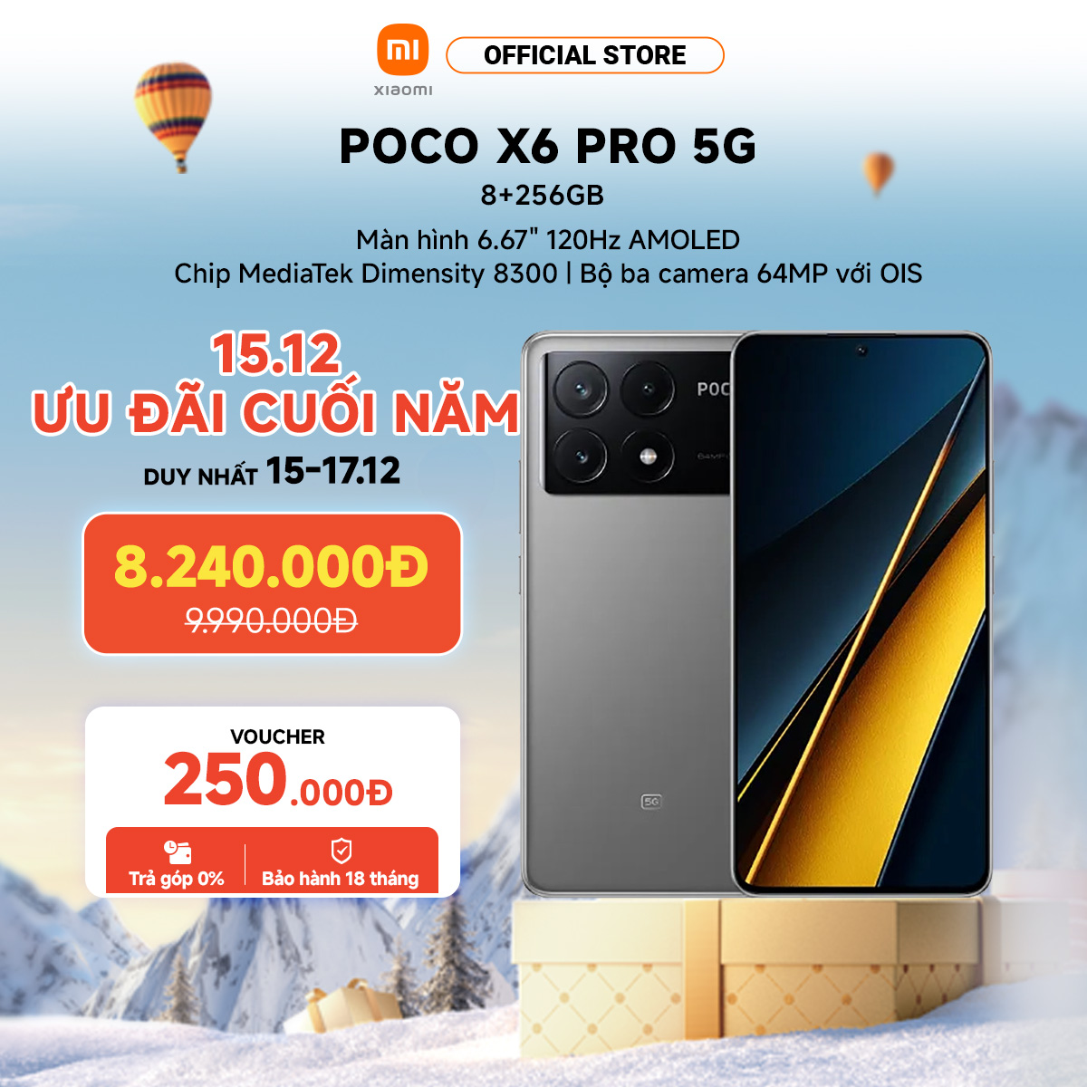 Điện thoại thông minh POCO X6 Pro 5G (8+256GB | 12+512GB) | Màn hình 120Hz AMOLED | MTK D8300 | 3 Cam 64MP | Pin 5000mAh Sạc nhanh 67W