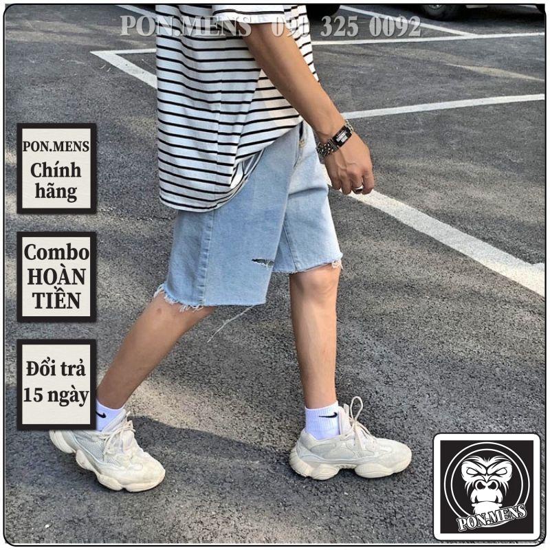 Quần short jean nam ống rộng màu xanh nhạt rách 02 Pon.mens