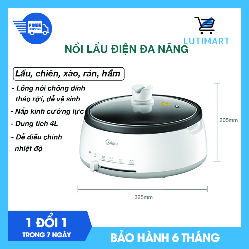 Nồi lẩu điện đa năng cao cấp 4l media, chảo điện nồi nấu đa năng. bh 6t_lutimart